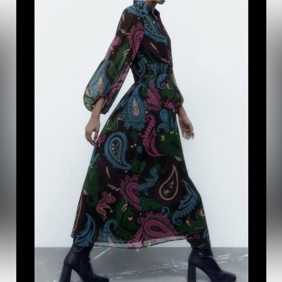Zara Black/Multicolored Paisley Print Chiffon Balloon Sleeve Mosaic Dress NWT XS - Picture 3 of 16